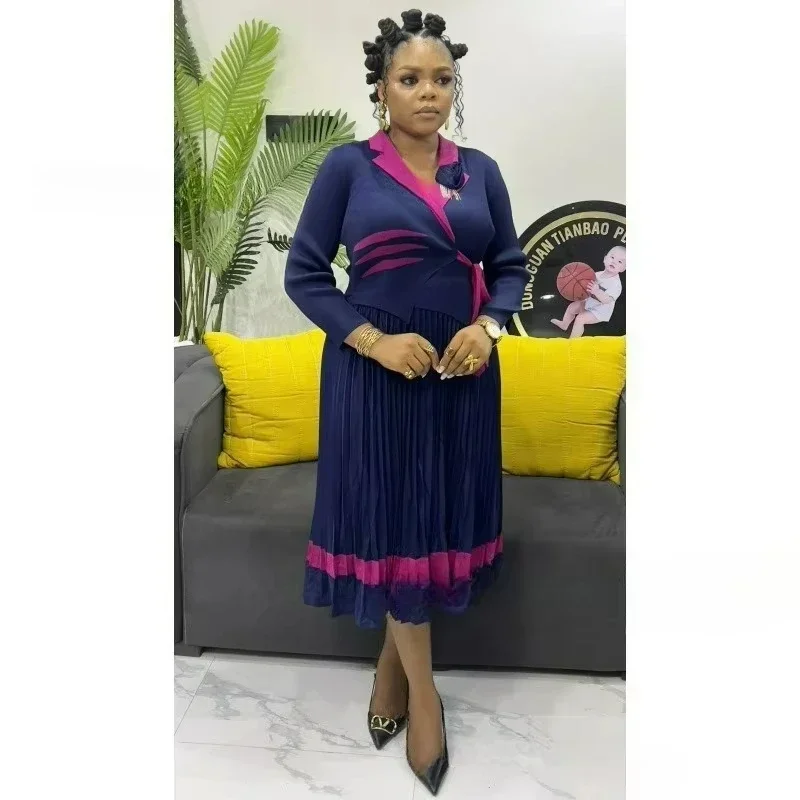 Pleated Dresses Color Matching Flower Lapel Lace-up Dress 2025 Summer New Loose Long Dress Women's Clothing Fashion Hot Sales