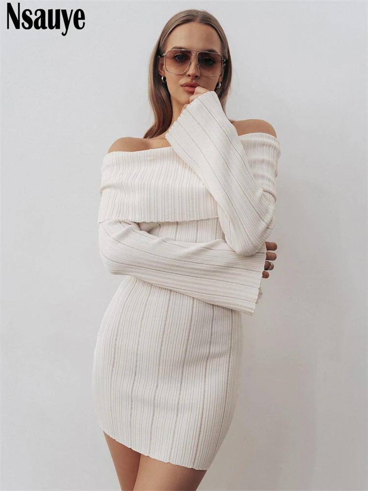 Nsauye Fashion Long Sleeve Sexy Knitted Pullover Sweater Dress Party Night Club Holiday Bodycon Off Shoulder Dress Autumn 2024