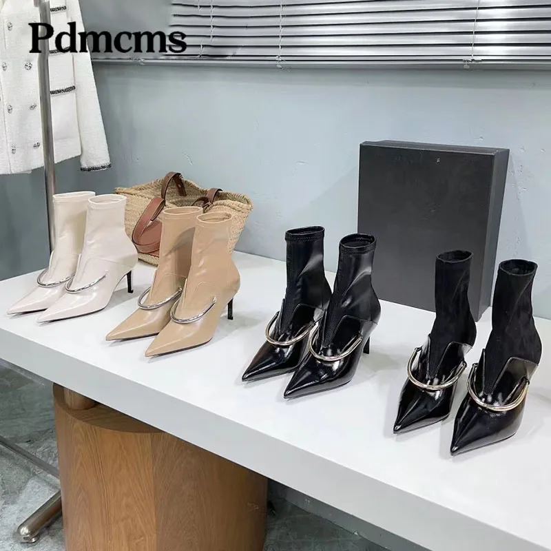 

Designer Brand 2025 Winter Sock Boots For Women High Heels Genuine Leather Short Boots Metal Decor Boots Pointed Toe Boots Woman