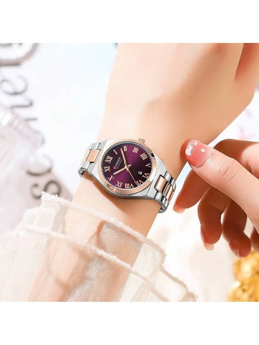 CURREN Women's Stainless Steel Band Rose Gold Calendar Waterproof Casual Fashion Watch, Gift