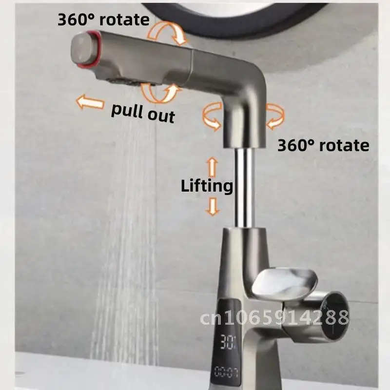 Waterfall Digital Temperature Display Bathroom Basin Faucet Brass Tap Sink And Bathroom Water Cold Pull Out New Mixer Hot