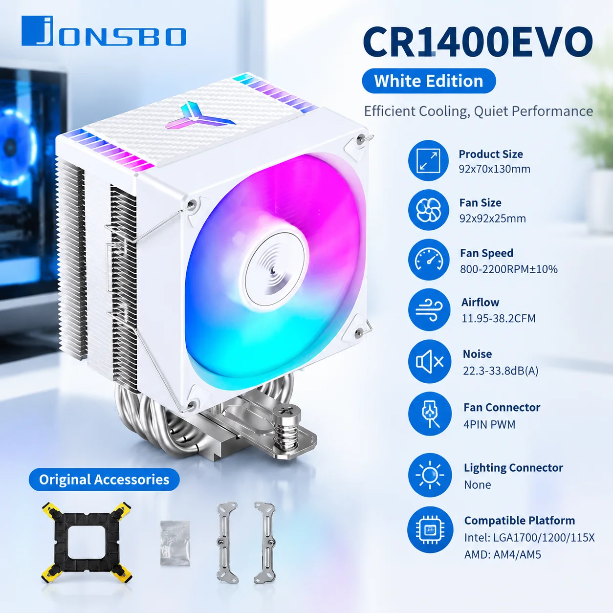 JONSBO CR-1400 CPU Air Cooler 4 Heat Pipes 92mm RGB Quiet Fan for Intel LGA 1700 1200 115X AMD AM4 AM5 Desktop PC Cooling