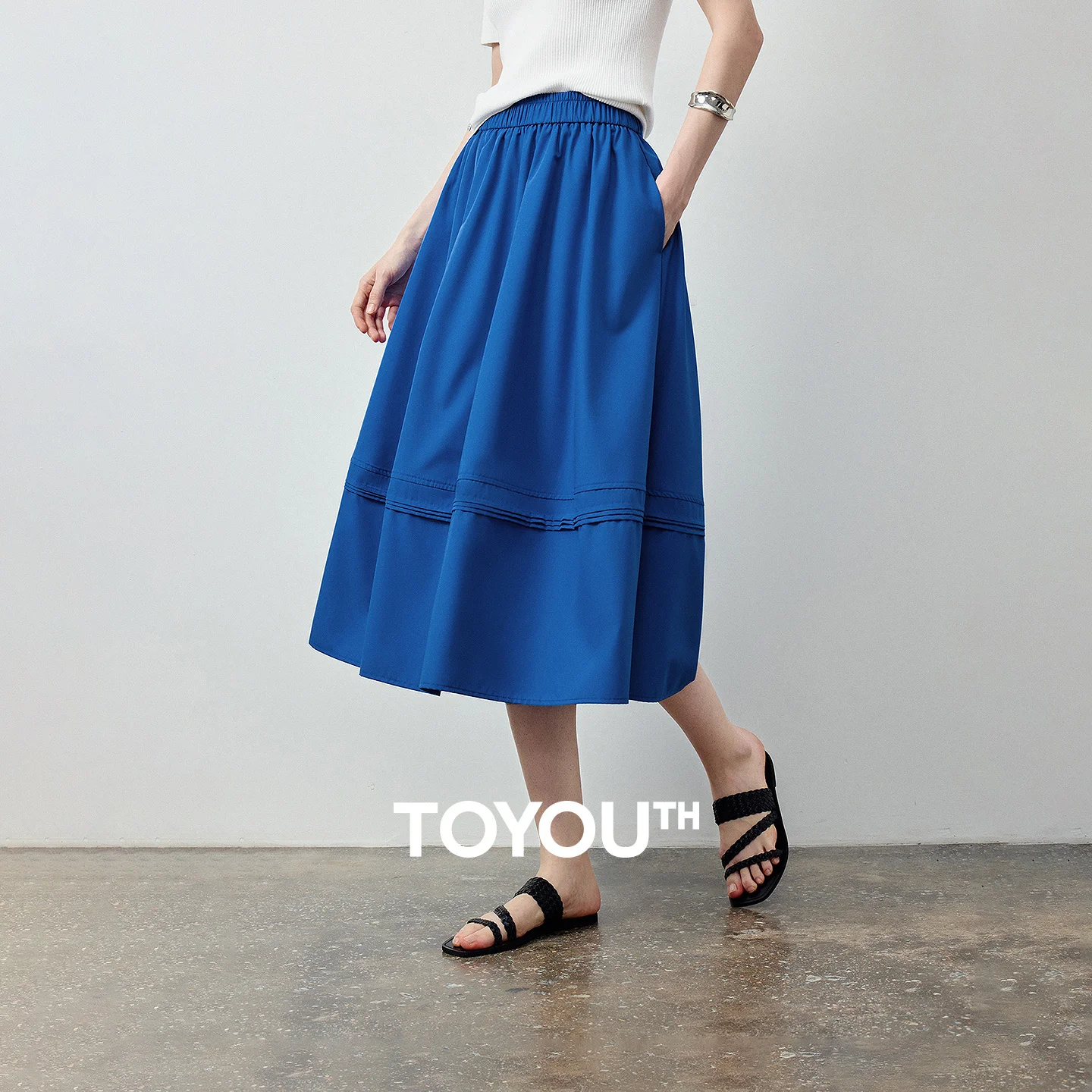 

TOYOUTH Women Skirt 2026 Summer New Solid Klein Blue Pin Tuck Cocoon Silhouette Petite Midi Skirt
