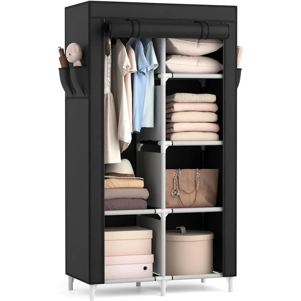 Portable Closet Wardrobe for Hanging Clothes with 6 Storage Shelves,1 Hanging Rod and 4 Pockets,Free Standing Closet Clothes