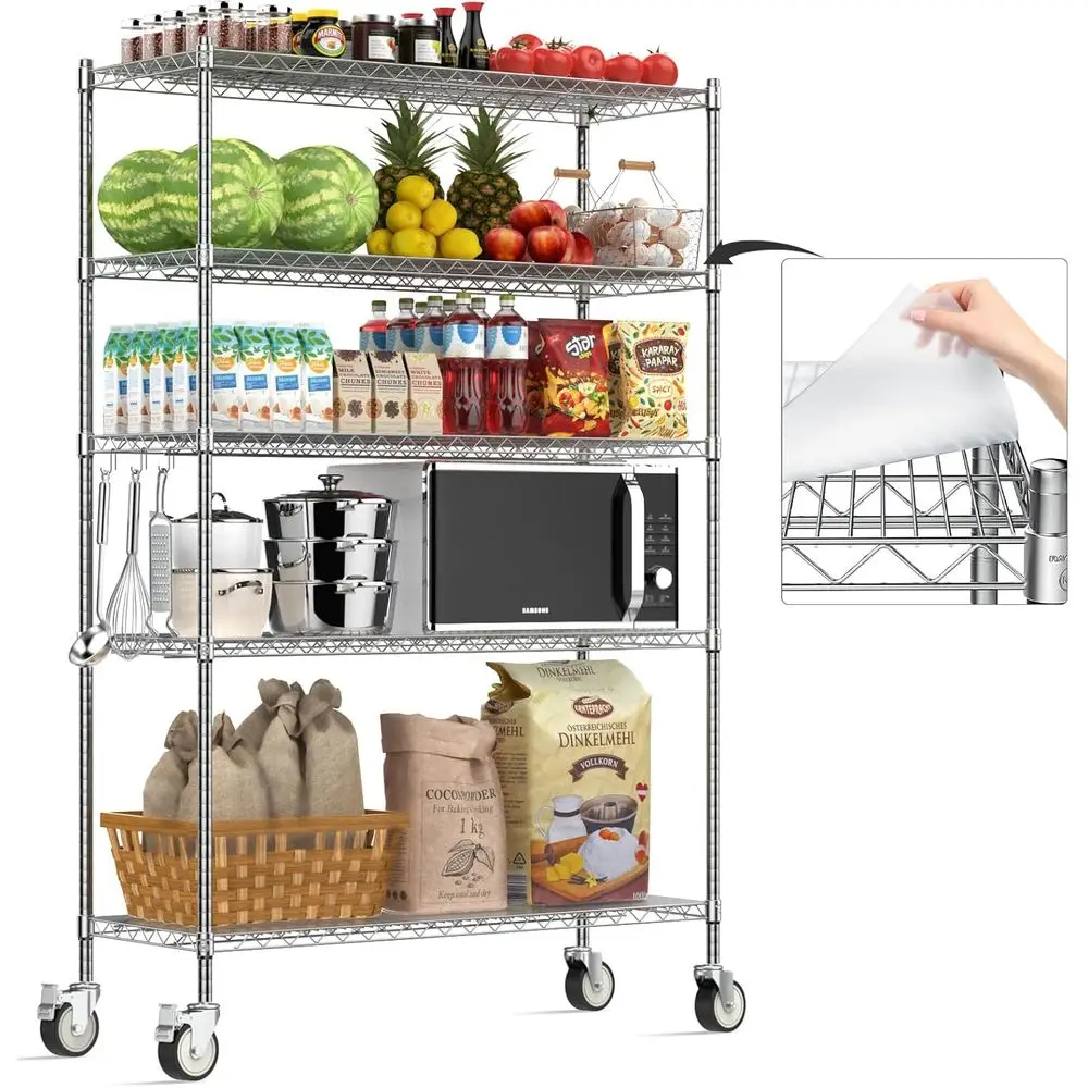 

Adjustable 5-Tier Heavy-Duty Metal Storage Rack with Wheels, 48x18x72, 3000 lbs Capacity, Chrome Finish