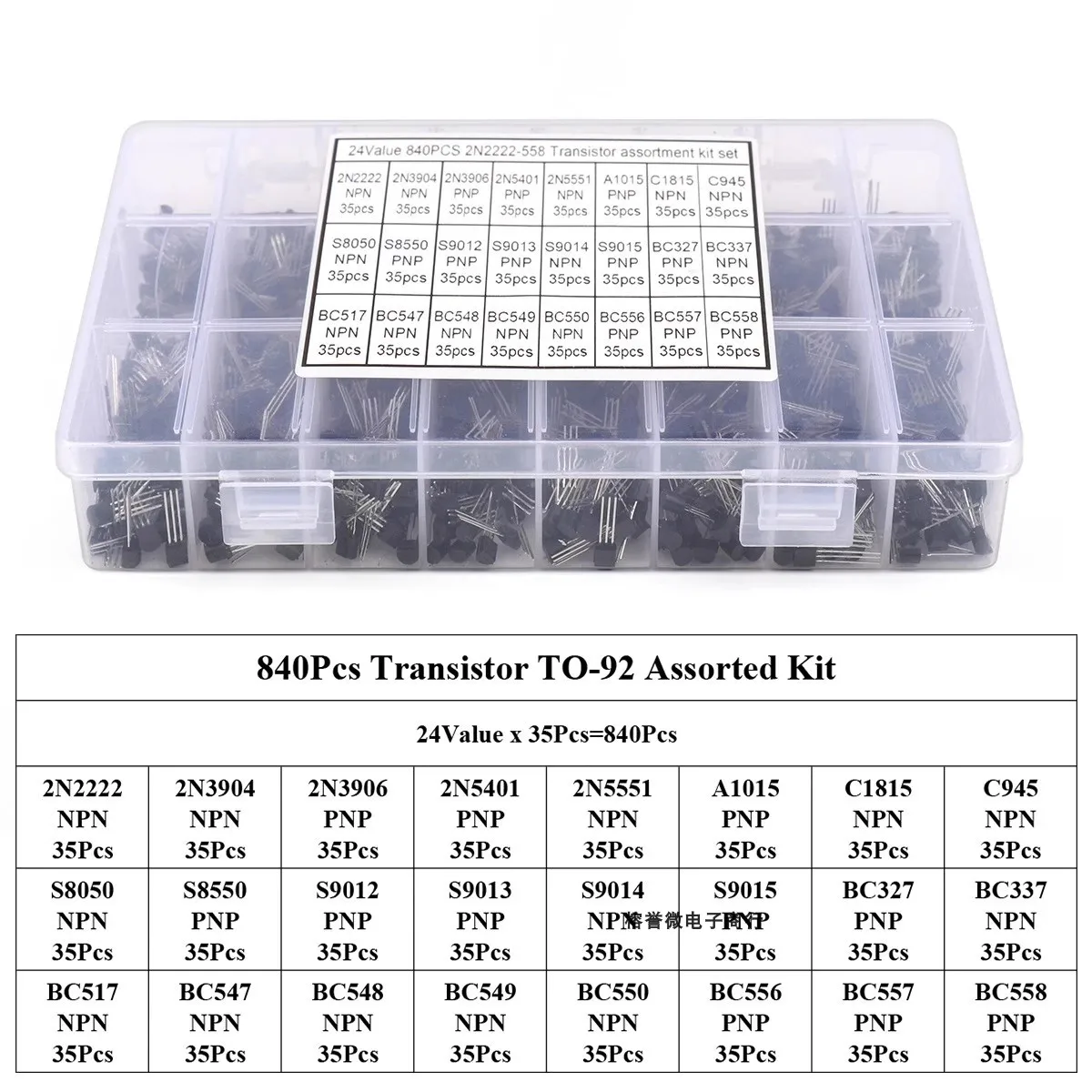 840pcs/Box 24Values TO-92 Transistor Assortment Kit BC327 BC337 BC547 2N2222 3904 3906 C945 S8050 S9014 PNP/NPN transistors pack