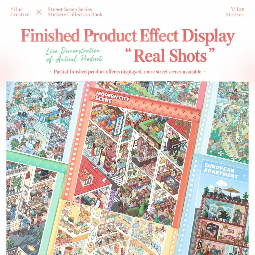 Street Scene Grid Room Landscape Sticker Collection Book PET Collage 3D Miniature Scene Stickers Die-Cut DIY Cabin Scene Sticker