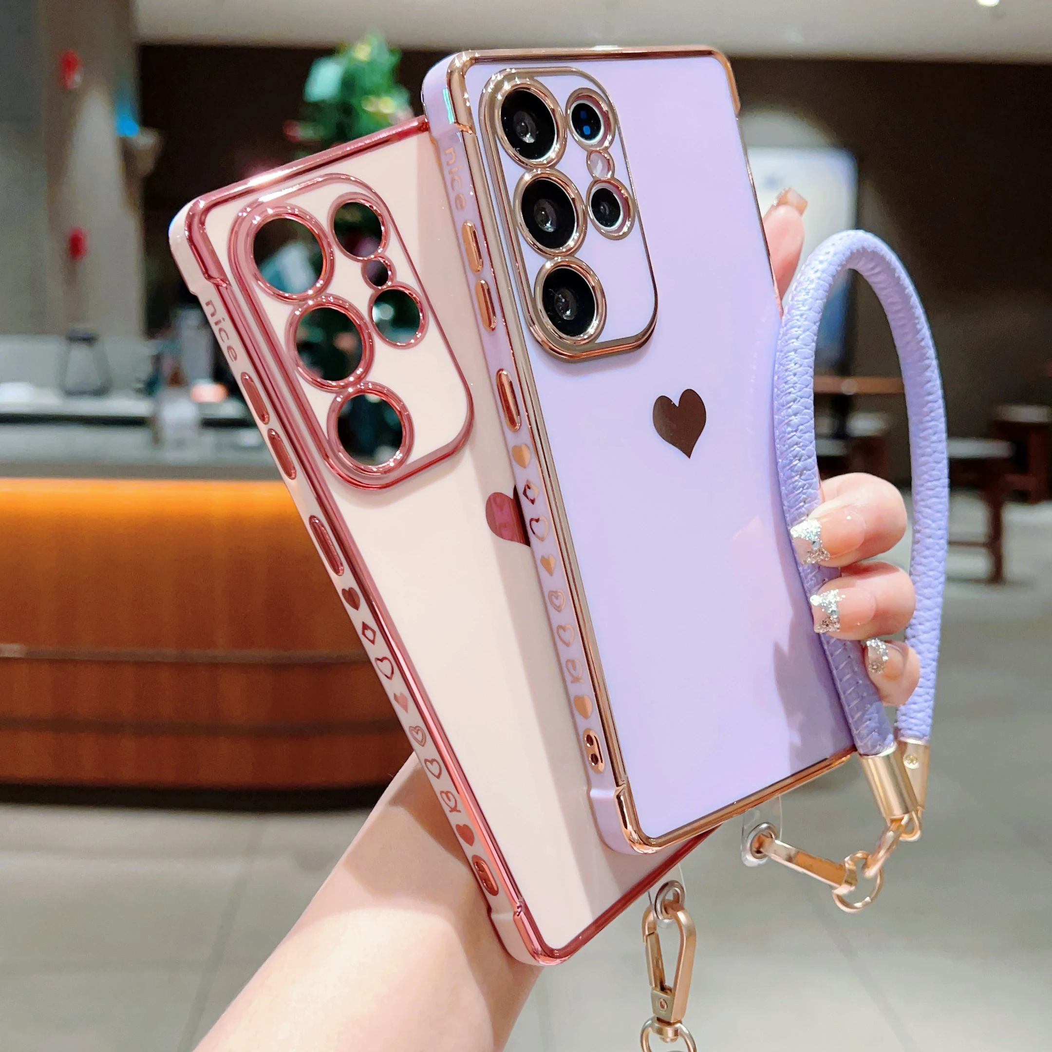 

Wrist Lanyard Bracelet Plating Soft Case For Samsung Galaxy S25 S24 S23 S22 S21 Ultra Plus FE A52 A53 A54 A55 Love Heart Cover