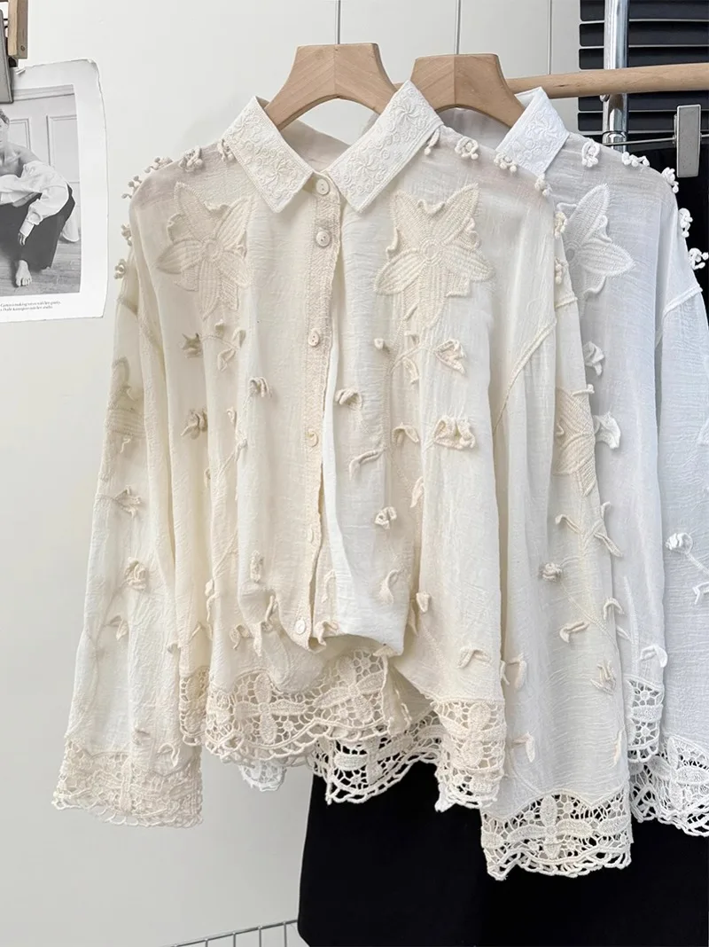 

Spring Blusas Mujer De Moda 2024 Turn Down Collar Lace Patchwork Irregular Blouses Stereo Embroidery Sweet Single-breasted Shirt