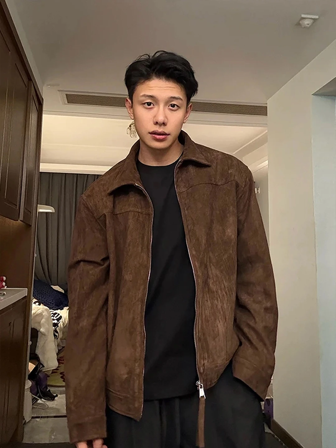 

Men's Biker Sle Suede Jaet Coffee Color Stand Collar ort Coat Retro Faion Outdoor Leisure Comfortable Spring Autumn