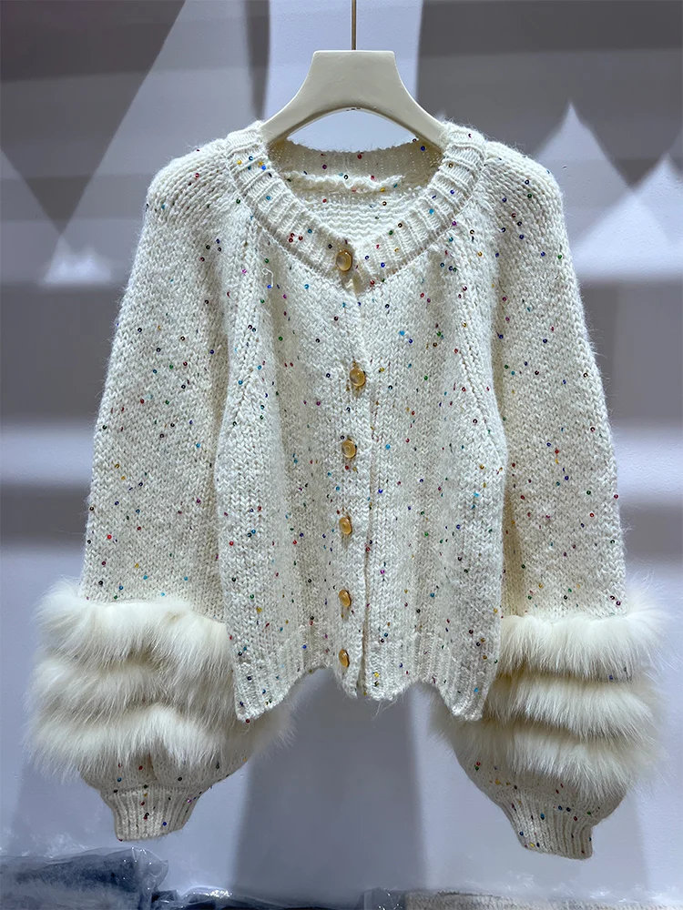 

2025 Spring Autumn Warm Sweater Fox Fur Lady Knitted Cardigan Women Solid Color Femeale Luxury Coat