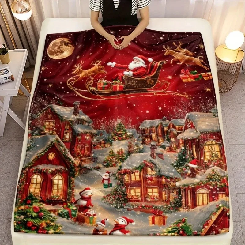 Santa Sleigh Village Throw Blanket Moon Snowman Print Holiday Sofa Decor For Home Couch Ornament