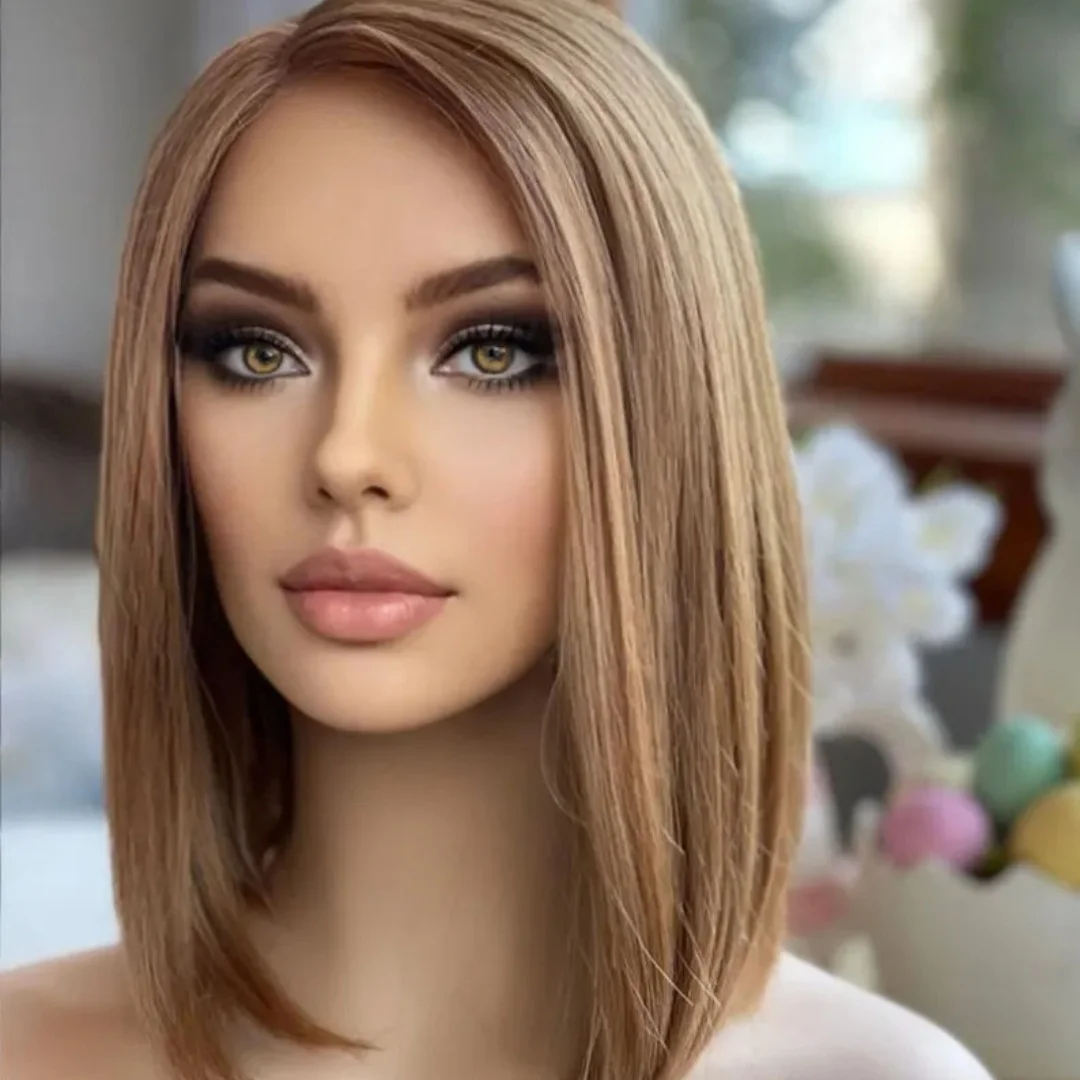 شعر مستعار طبيعي واقعي مقطّع مسبقًا بطول 12 بوصة، شعر مستعار صناعي بدانتيل أمامي طبيعي مفرود، غطاء متوسط الحجم #1