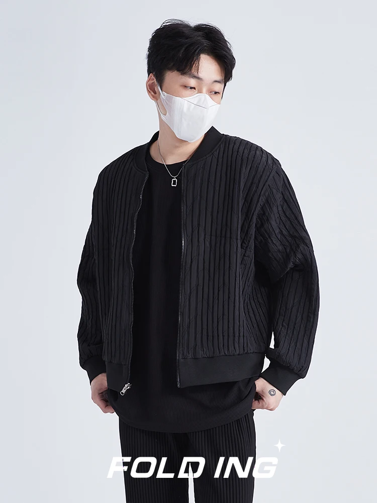 

Pleated Short Baseball Uniform Men's Autumn and Winter 2024 Cotton Jacket Fashionable Bright Velvet Thin Top Men Korean Fashion