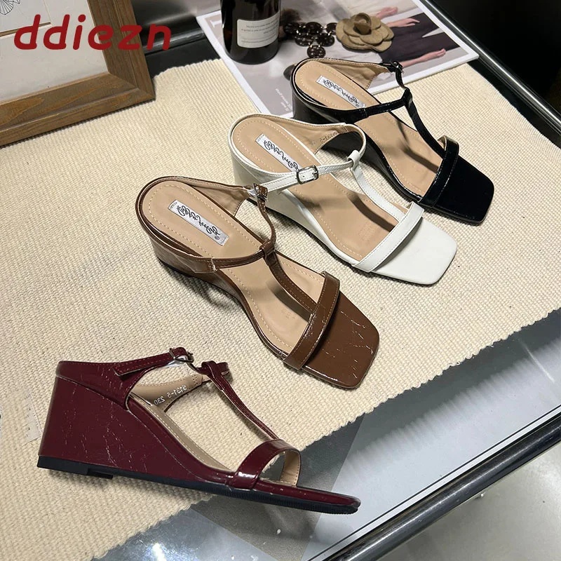 

New Fashion T-Strap Women Wedges Sandals Slides Shoes Female Square Toe Dress Ladies Heeled Sandals Wedge Shoes
