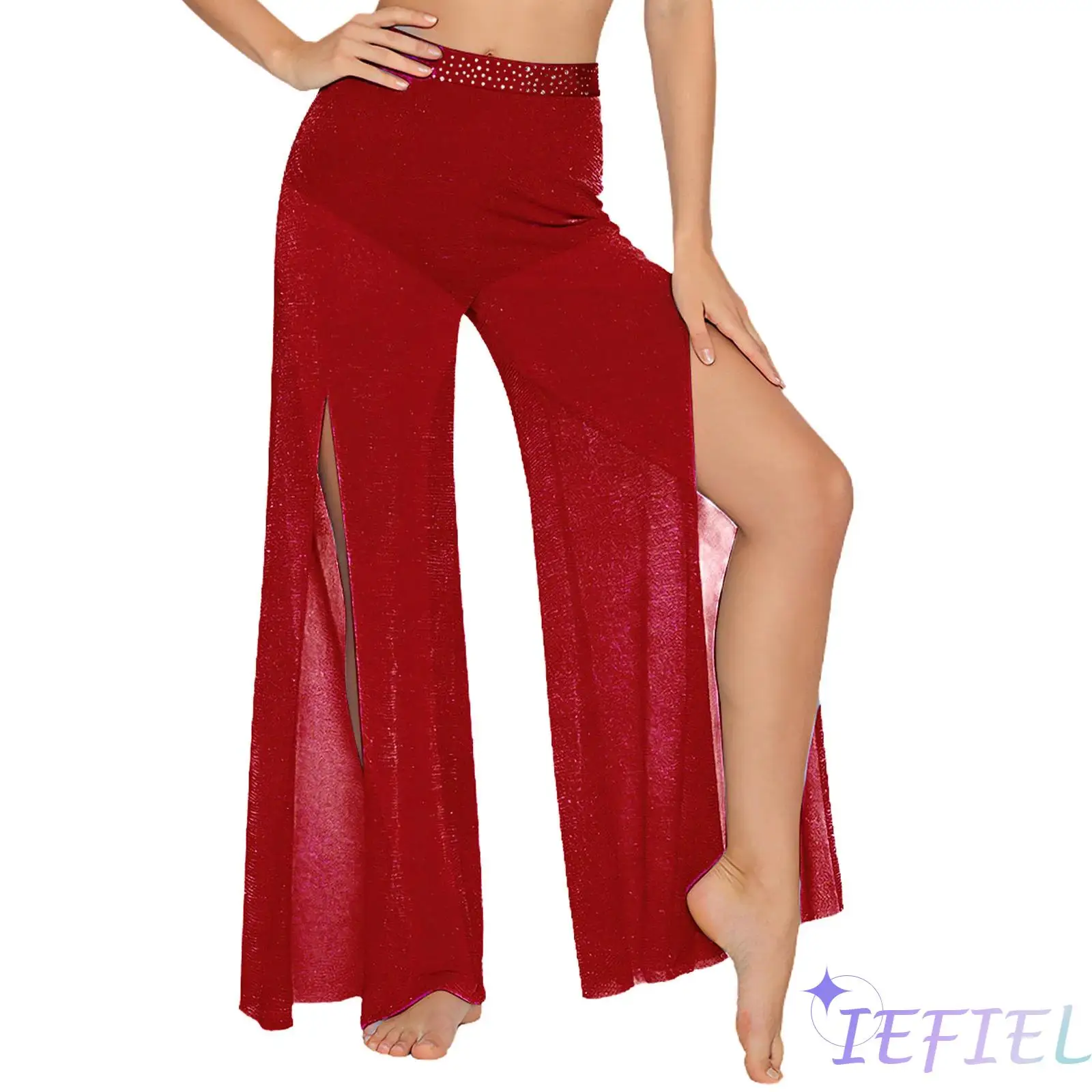 

Womens Lyrical Salsa Dance Pants Rhinestone Waist Shimmering Wide Leg Pants Modern Dance Costume Stage Ballroom Belly Dance Wear