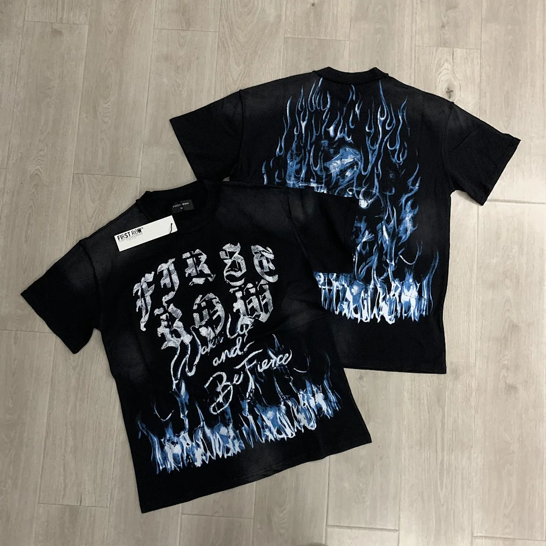 Oversized Vintage Washed Black Tee Men Summer Silver Gothic FIRST ROW Blue Flame Graphic T-shirt Retro Y2K Casual Shirts Unisex