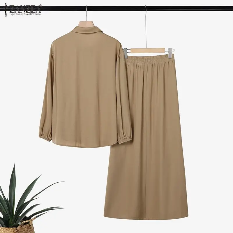 ZANZEA Women's False-Denim Oversized Skirt Suits Long Sleeve Shirt & Pintuck Maxi Skirt 2 Pieces Sets Islamic Muslim Outfits