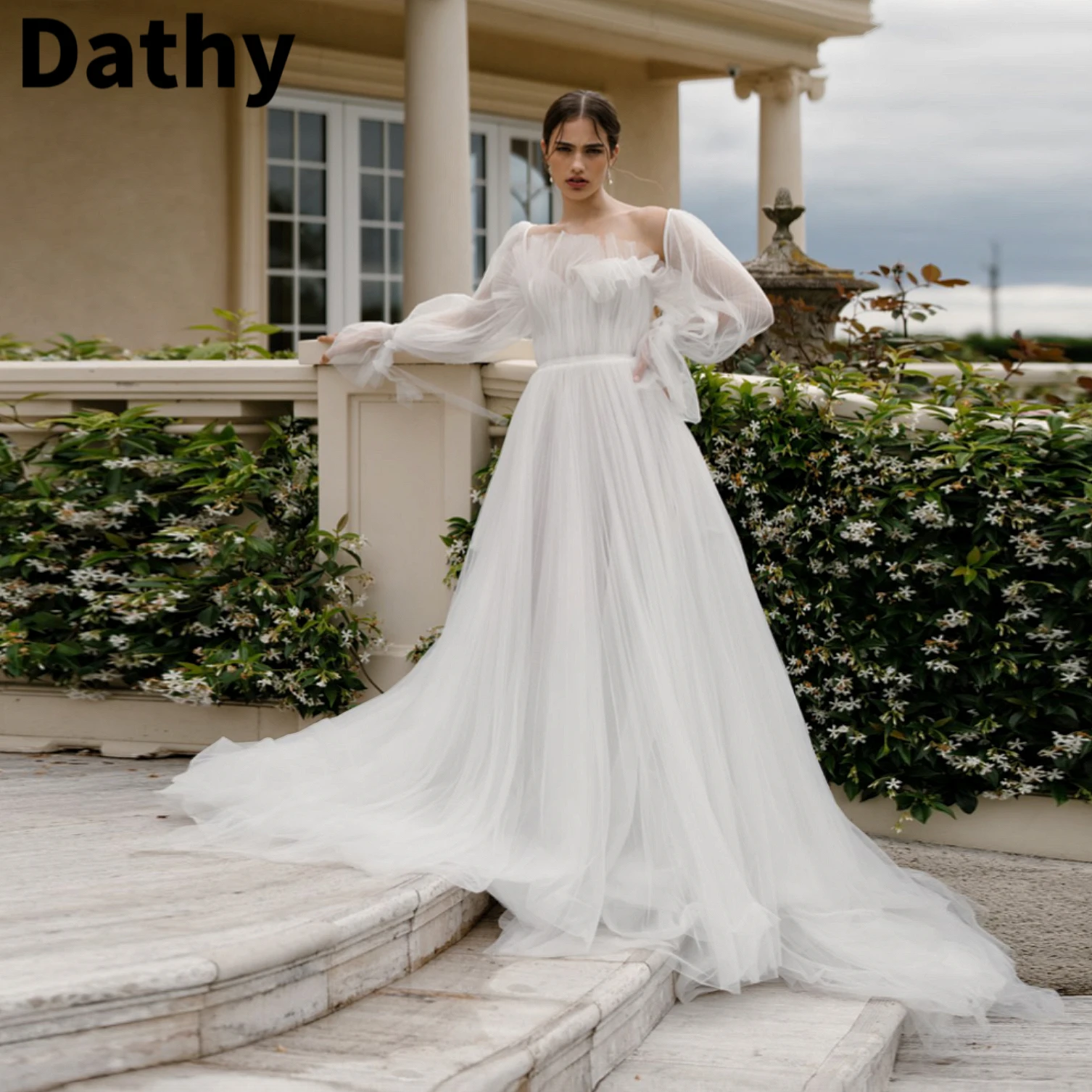 Dathy Sweet Elegant Party Dresses For Women 2023 White Square Neck Evening Dress Tulle Long Sleeve A-line Wedding Dress