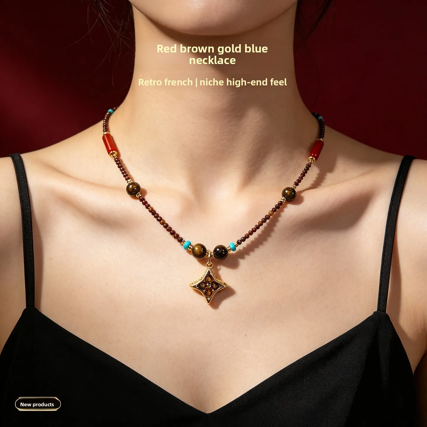 Chinese Style Lucky Tiger Eye Red Agate Turquoise Four Pointed Star Pendant Necklace For Women Vintage Light Luxury Dainty Clavi