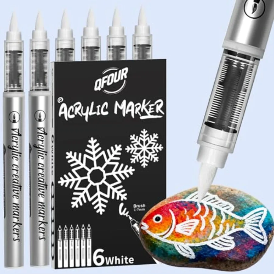 

White Paint Pen, 6 Pack White Acrylic Markers with Brush Tip, Automatic Ink Flow, Opaque White Paint Markers for Rock Painting,