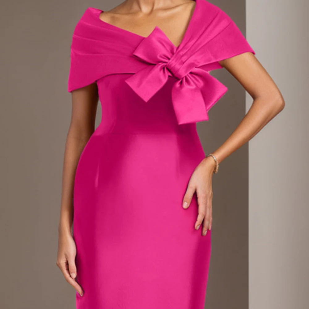 Charming Mother of The Bride Dress Customzied Bow Cap Sleeves V Neck Pleated Floor Length Column for Formal Guest Evening Gown