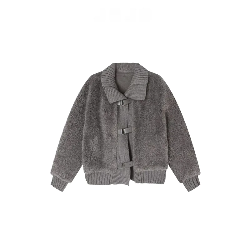 Women's Grey Faux Shearling Jacket 2026 New Knit Collar Buckle Detail Loose Fit Winter Teddy Coat Chic Commute Outerwear Lady view 3