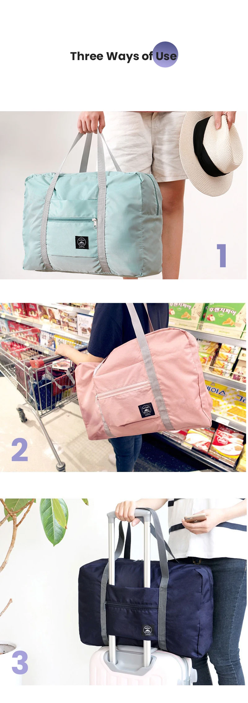 Faltbare Reisetasche für Flugzeuge, Handgepäcktasche für Damen und Mädchen, leicht, großes Fassungsvermögen, Sport, Wochenendausflug über Nacht – Detail 3