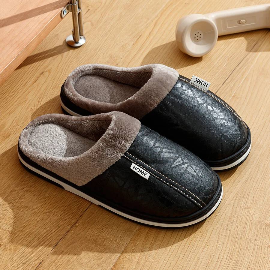 Men Slippers Indoor PU Leather House Waterproof Warm Home Bedroom Fur Slipper Male Shoes Fluffy Big Size Casual Slide Shoes