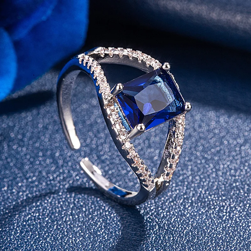 Princess Cut Sapphire Ladies' Style -Cross Cracks Set with Diamond and White Zircon- Adjustable Open Design-Wedding Ring Jewelry