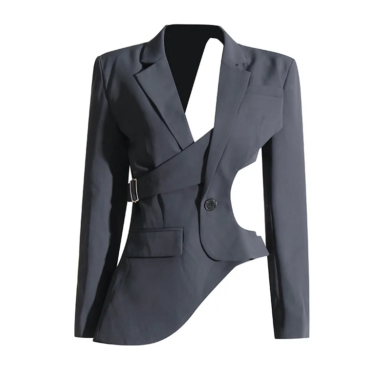 2024 Solid Hollow Out Casual Irregular Blazers For Women Notched Collar Long Sleeve Spliced Button Temperament Blazer Female New