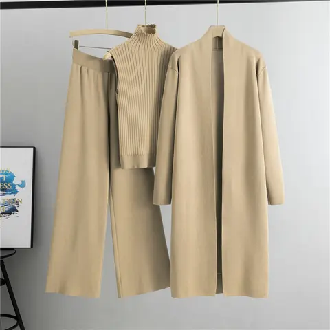 2025 inverno e autunno moda elegante donna lavorata a maglia set da 3 pezzi cardigan maglione da donna pantaloni a gamba larga da donna
