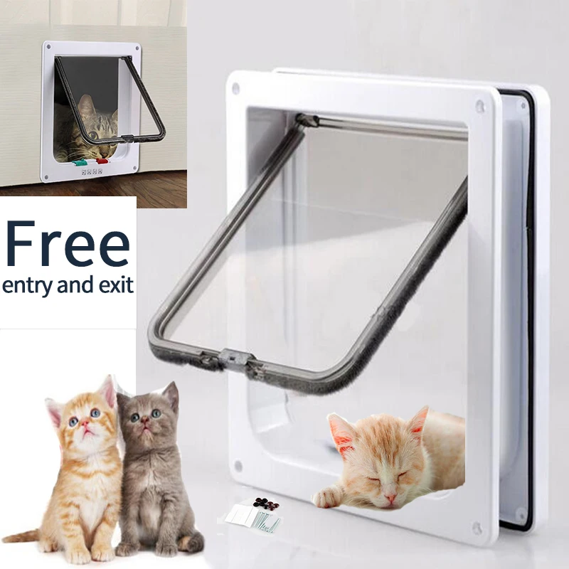 Cat Door Pet Door 4 Way Lockable Security Flap Door For Dog Cat Kitten Wall Mount Door Animal Small Pet Cat Dog Gate