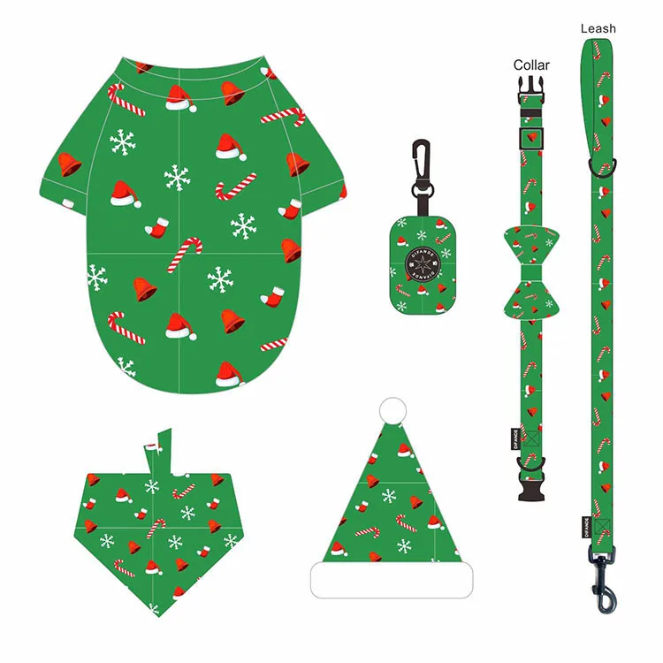 

New Design Christmas Pet Clothes Leash Collar Set Santa Claus Printing Scarf Poop Bag Hat Set Pets Harness
