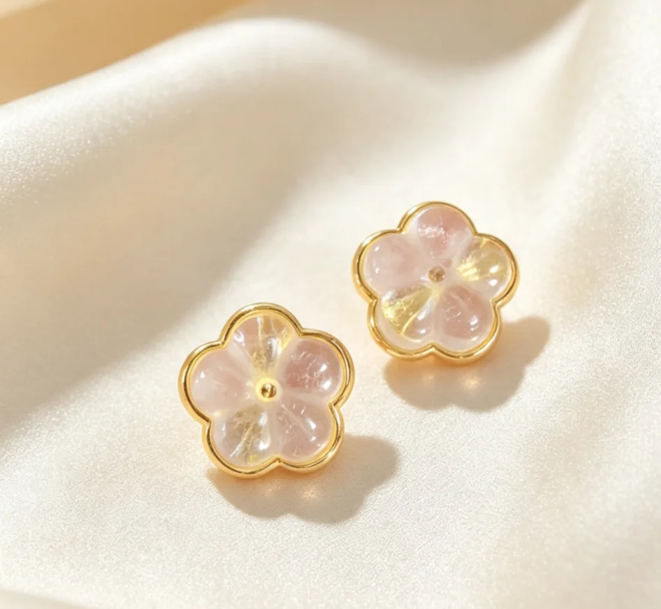 Trendy Sweet 925 Sterling Silver Dainty White Gemstone Flower Stud Earring Natural Quartz Camellia Ear Huggie Daily Girl Jewelry
