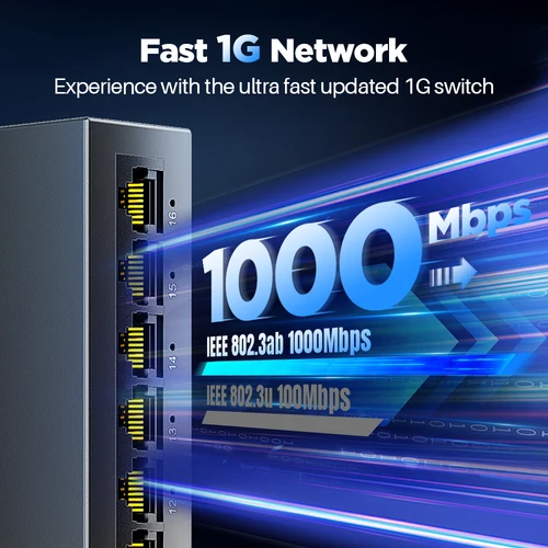 Imagen 2 del producto Conmutador de red AMPCOM, conmutador de 16 puertos Ethernet, 1000Mbps, Gigabit, conmutador inteligente de alto rendimiento, concentrador RJ45, inyector de Internet