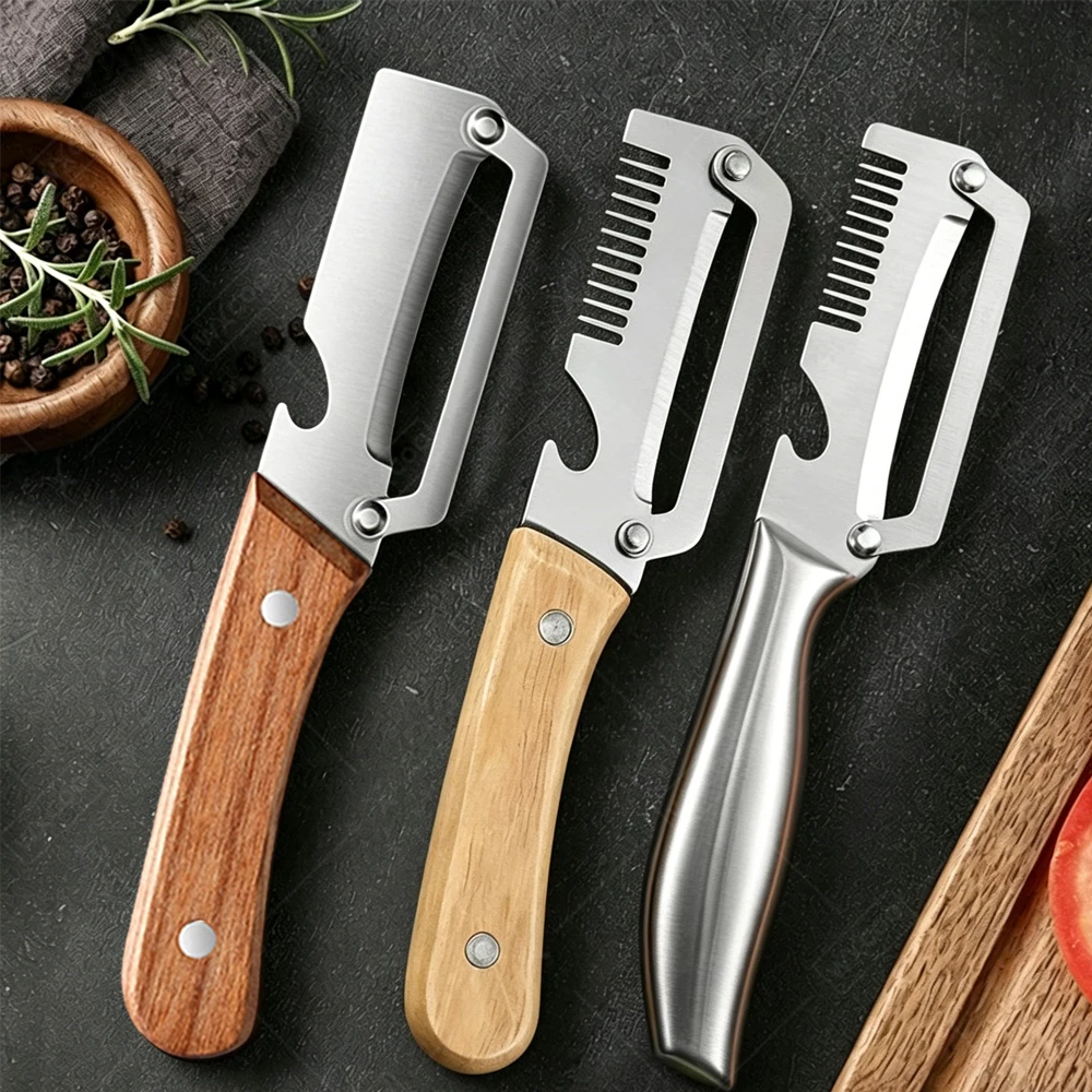 Pelador de Verduras y Frutas de Acero Inoxidable con Mango de Madera/Acero, Herramienta de Cocina para Pelar y Rebanar, Abrebotellas
