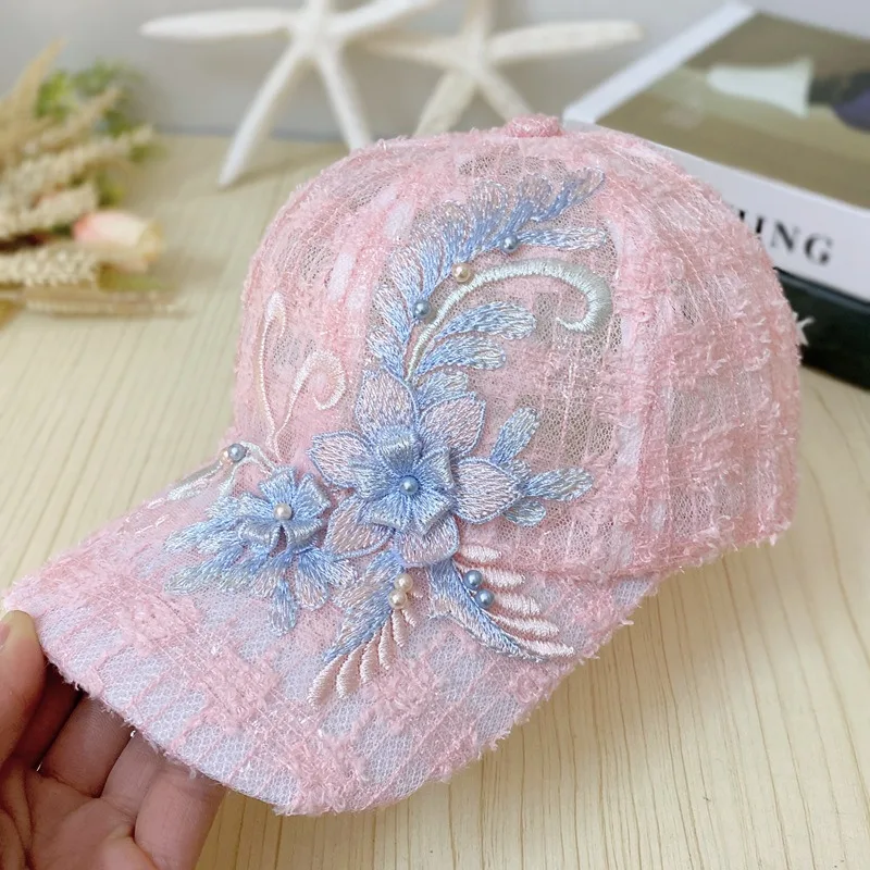 Summer thin lace cap women, embroidered flower mesh breathable baseball cap, Korean version of tide sunscreen visor