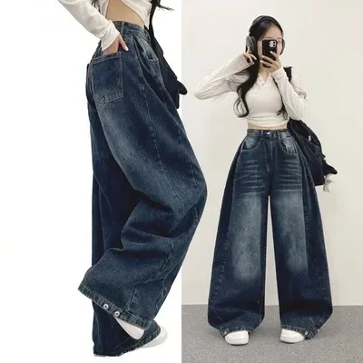 Vintage Black Dark Blue Solid Color Wide Leg Casual Simple Basic Trendy Floor Length Jeans Pants for Women Female Bottom Clothes