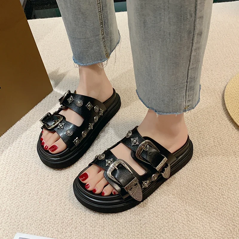 Summer Women Slippers Platform Rivets Punk Rock Leather Mules Creative Metal Fittings Casual Party Shoes Female Outdoor Slides