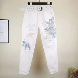 Summer New Fashion Harlan Female Jeans Heavy Industry Nail Beads Letter Hole High Waist Nine Points Leisure Women Cowboy Pants