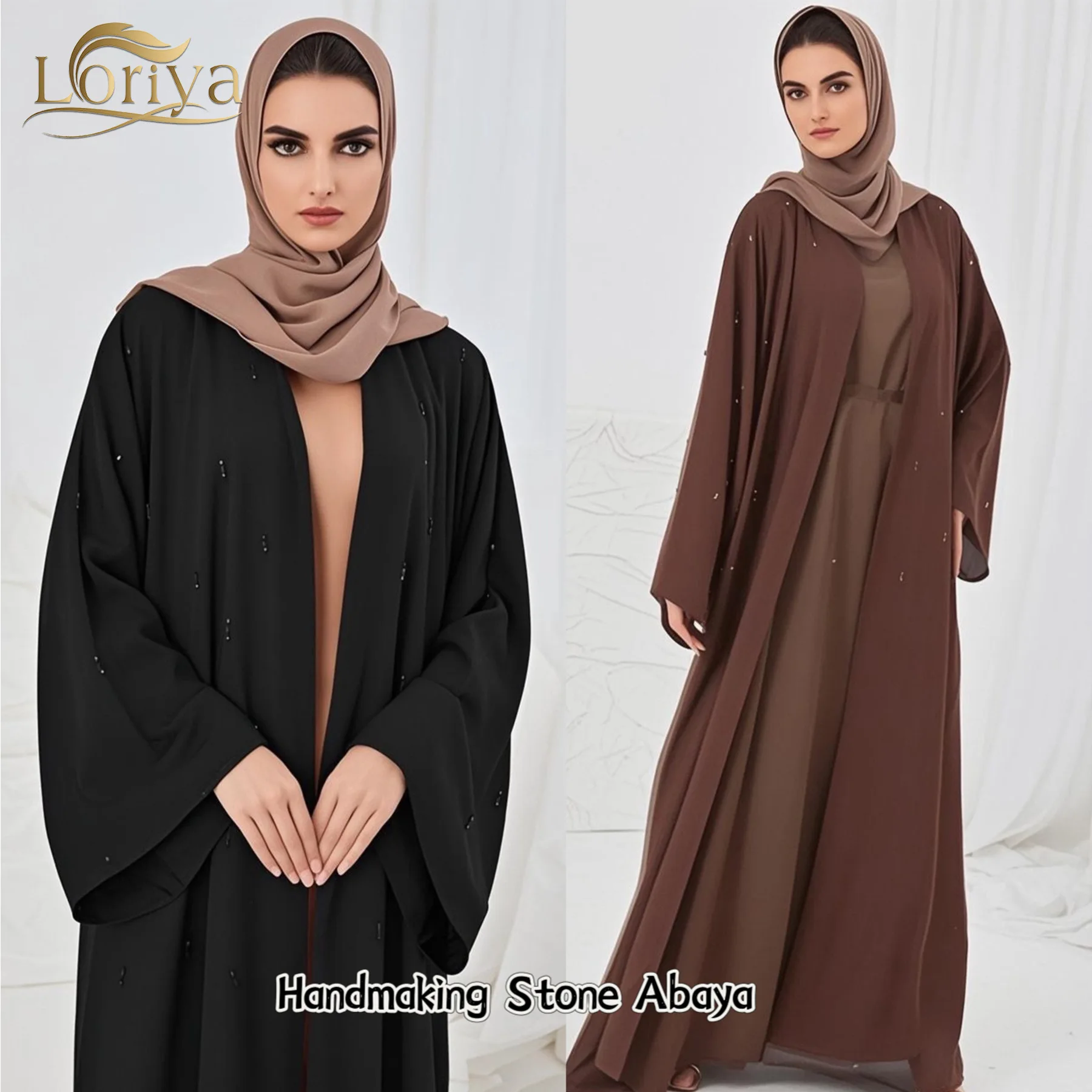 

Muslim Women Loose Long Maxi Dress Turkish Beaded Cardigan Robe Abaya Solid Color