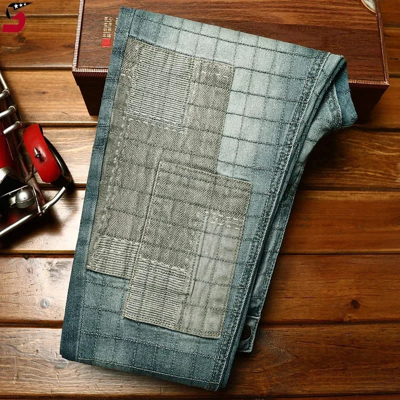 Męskie jeansy z haftem premium, modne, z naszywkami, markowe, dopasowane, elastyczne, casualowe spodnie.