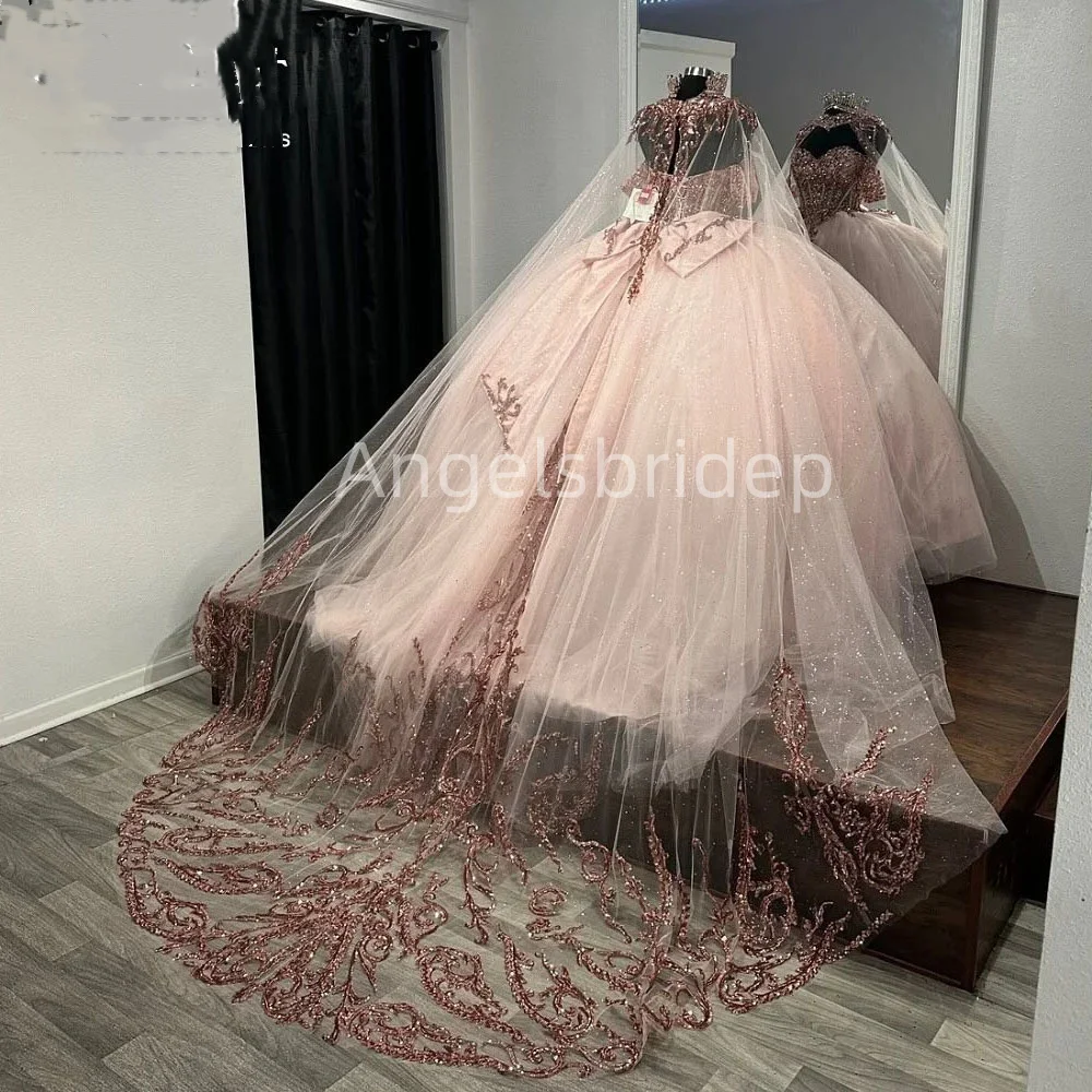 Angelsbridep шампанское бальное платье, платья для Quinceanera 2025 Vestidos De Festa с накидкой, розовое золото, Аппликации, женское платье на день рождения