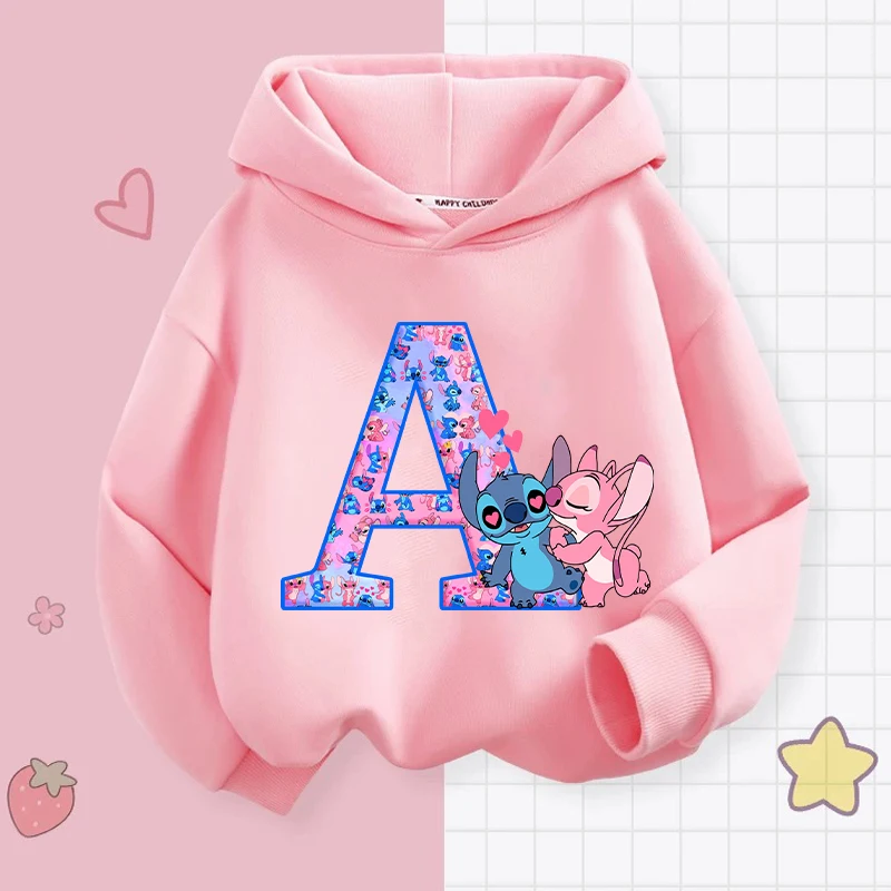 Stitch Angel Letter A-Z Hoodies Girls Disney Anime Sweatshirt Kids Winter Thickening Warm Pullover Tops Children Clothes Gift