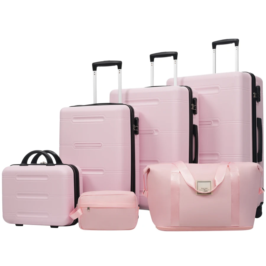 

6 Piece Luggage Set for Travel: Lightweight Polypropylene Hardshell, Black, Double Spinner Wheels, TSA Password Lock, Includes