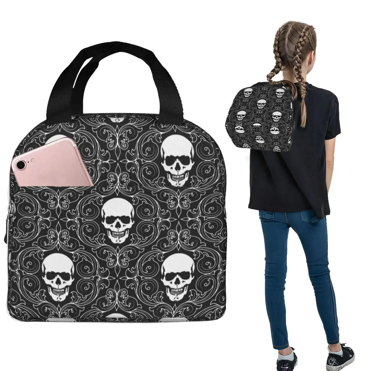 Gothic Black Skull Damask Pattern Insulated Lunch Bag for Women Kids Leakproof Food Boxes Thermal Lunch Box Tote