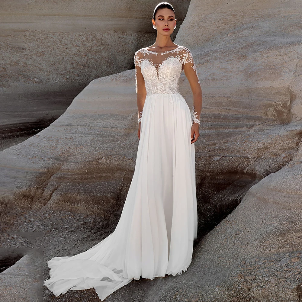 

Chiffon Beach Wedding Dress Elegant O-neck See Through Appliques Lace Long Sleeves Bridal Gowns Court Train Vestido De Novia