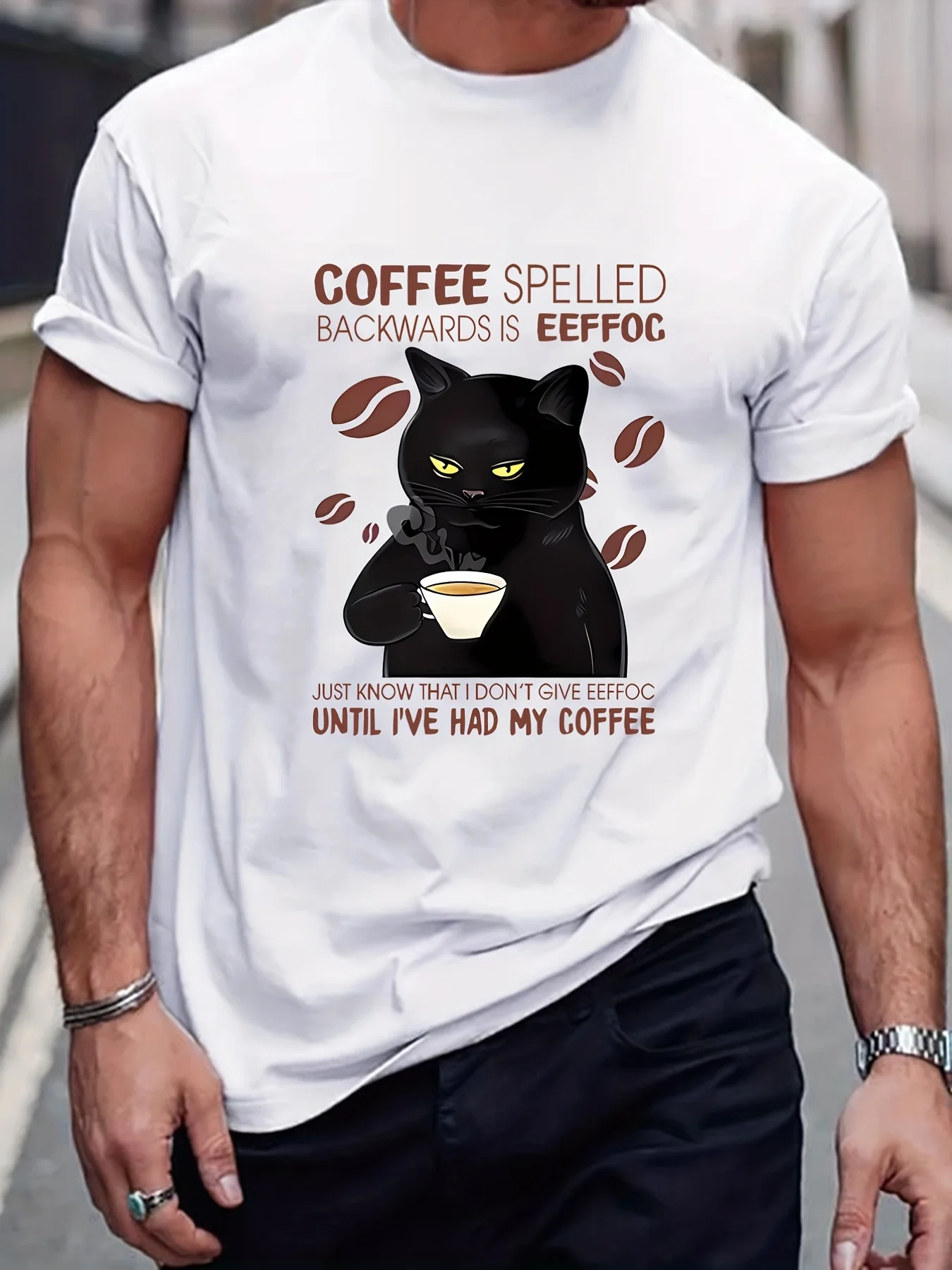 

Mens Graphic Tee Drinking Coffee Cat Slogan Pattern Print T-shirt Summer Clothes Outfits Fashion Tshirt Round Neck Short Sleeve