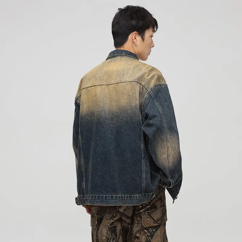 Streetwear Jeansjacke mit Farbverlauf für Herren, Baggy Distressed Faded Denim Jacken, Oversized Casual Outfits, Oberbekleidung im Vintage-Stil – Detail 3
